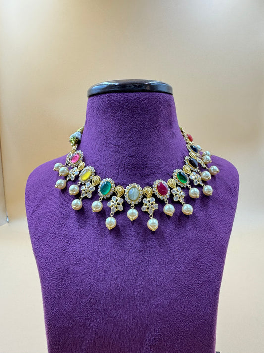 Multi color beads Necklace with CZ and pearls