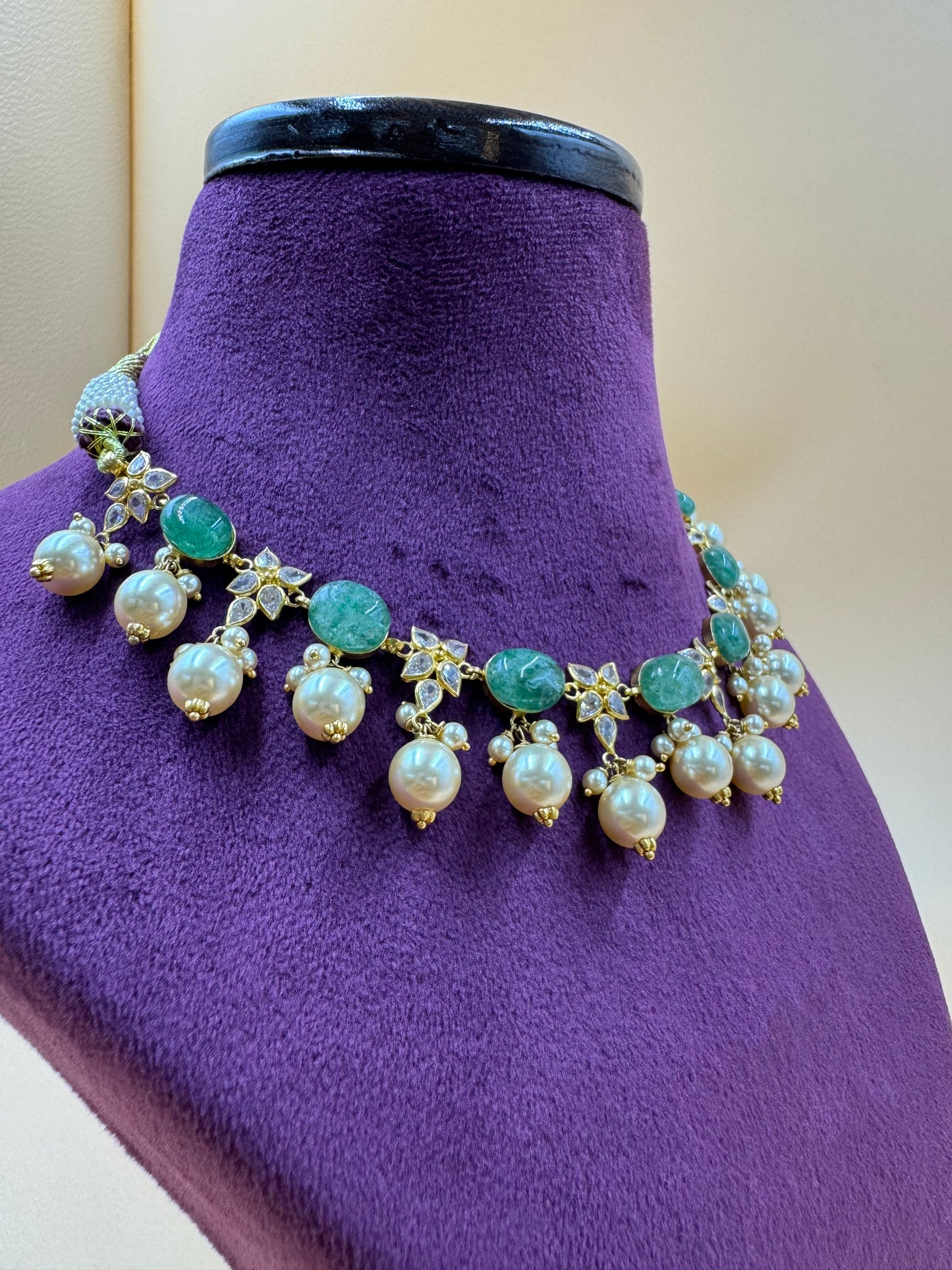 Star CZ and green beads with pearl necklace