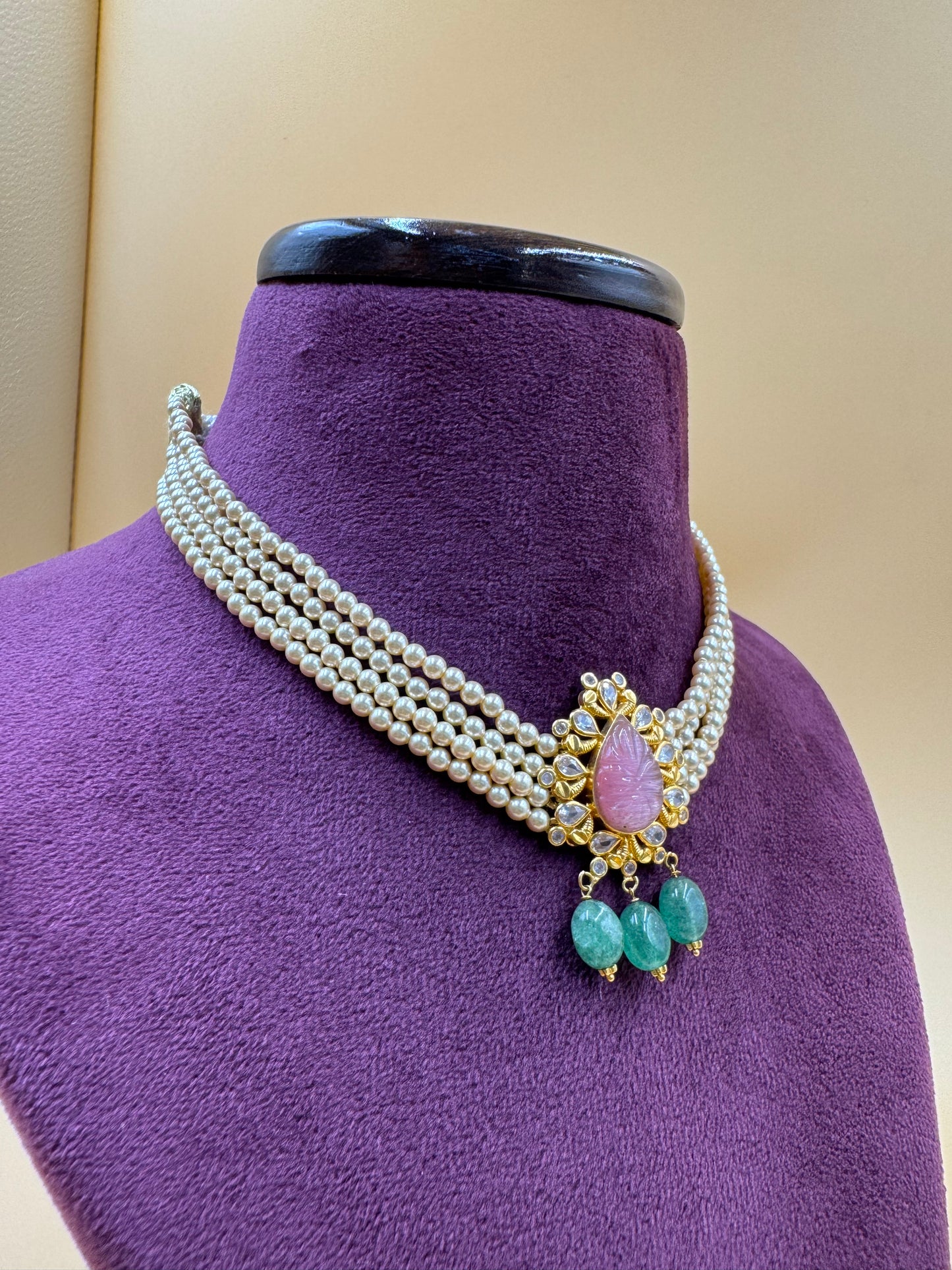 Pink and Green stone choker with pearls
