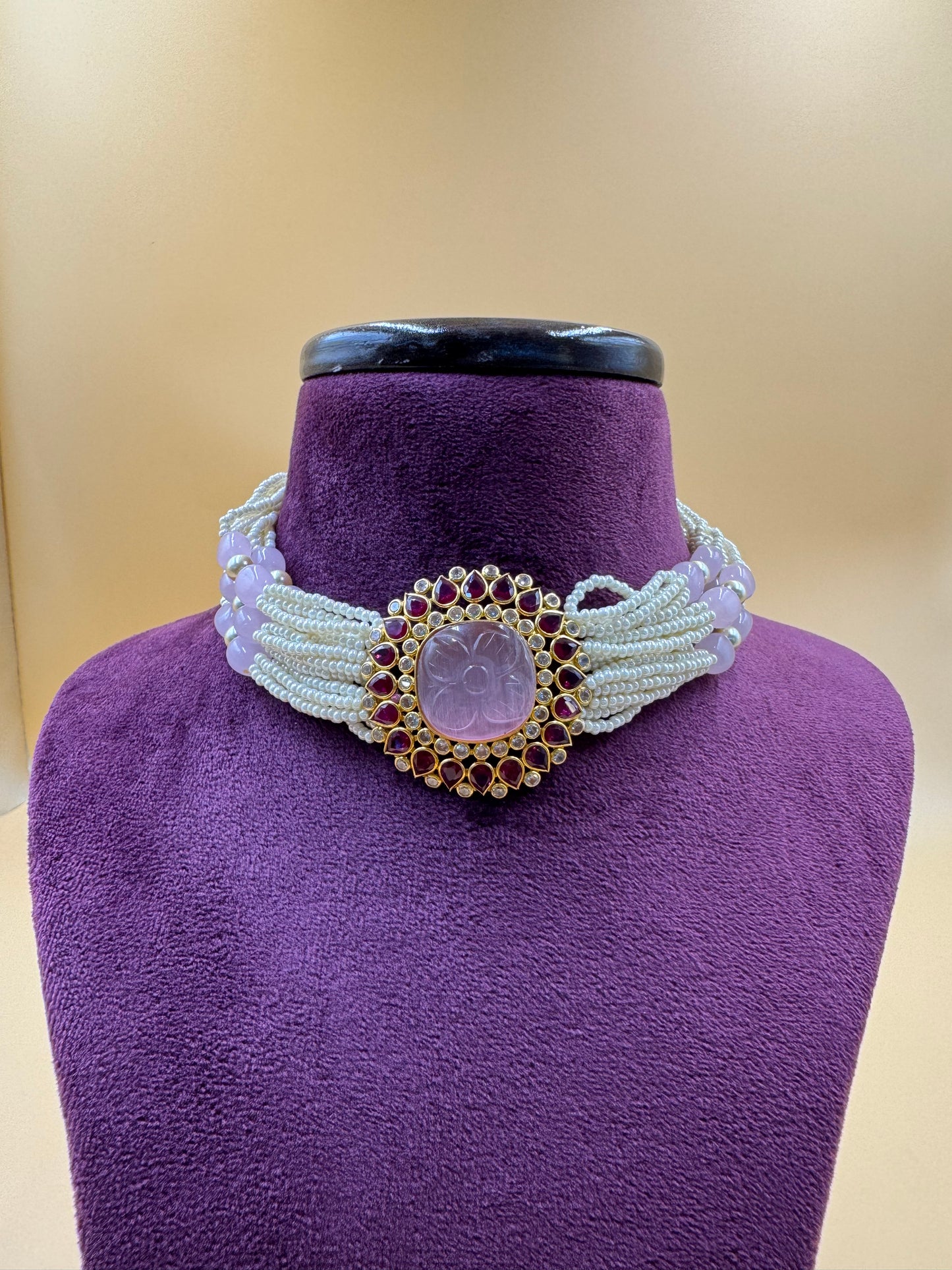 Ruby and pink stone choker with pearls