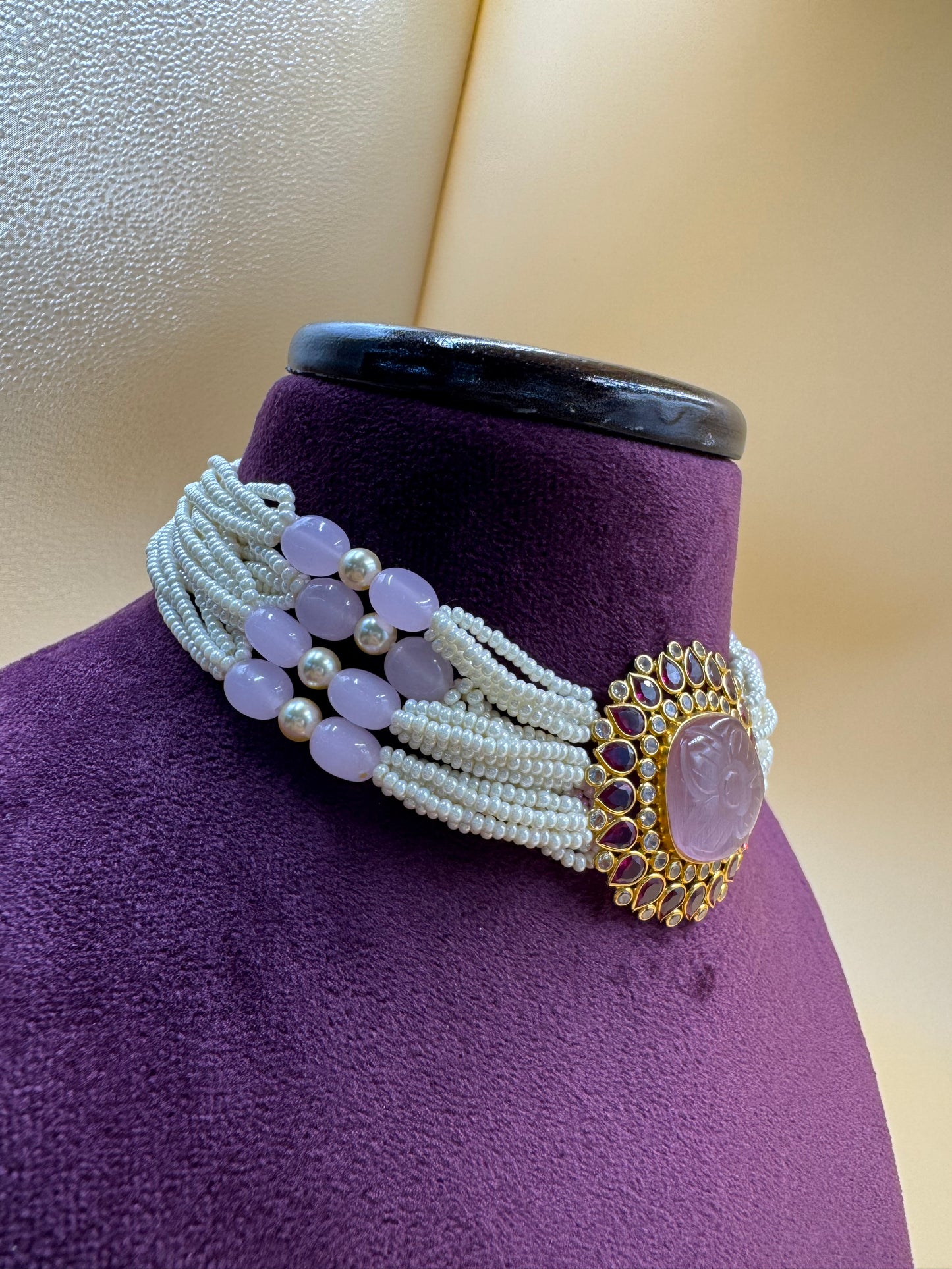 Ruby and pink stone choker with pearls