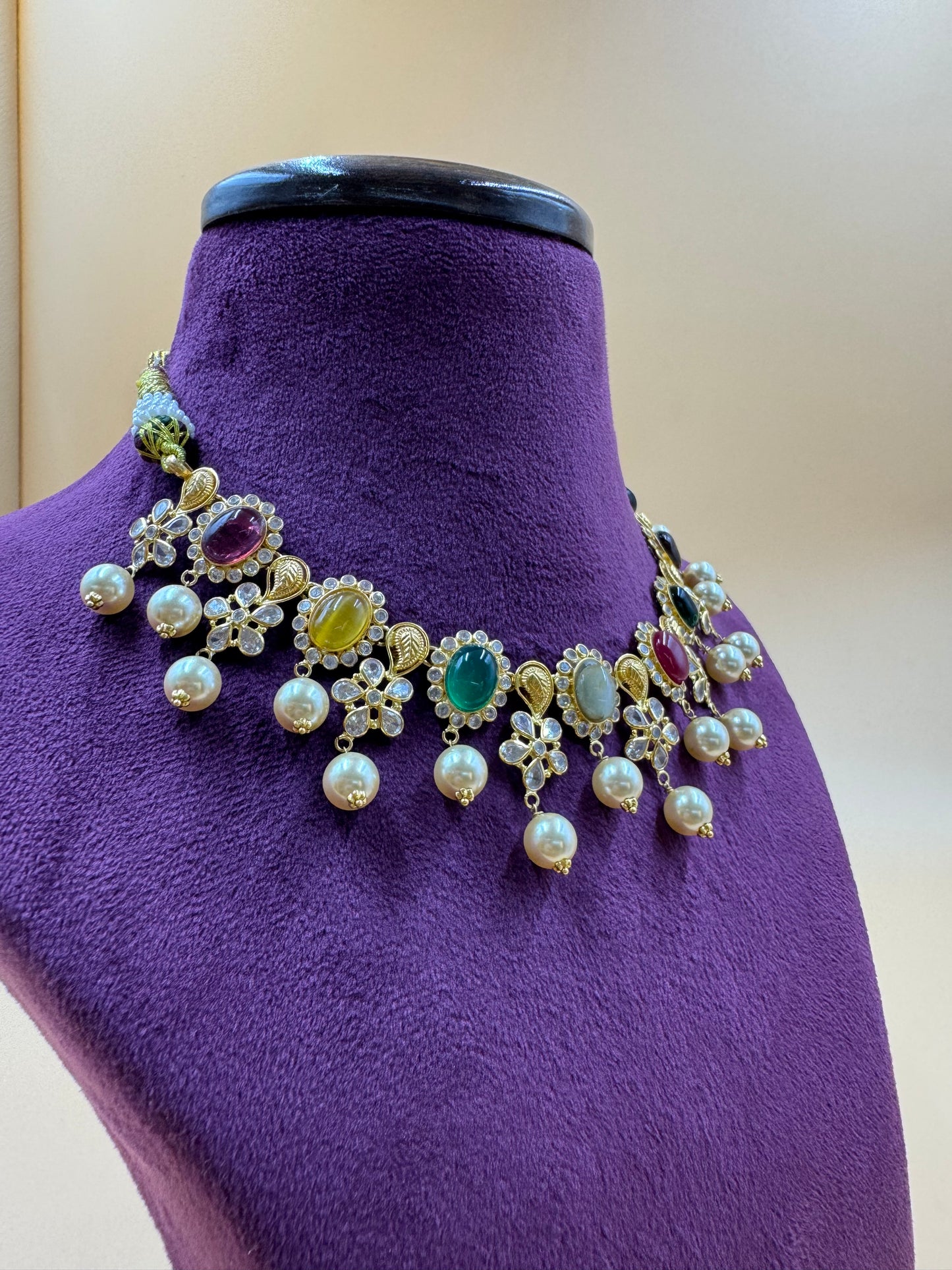 Multi color beads Necklace with CZ and pearls