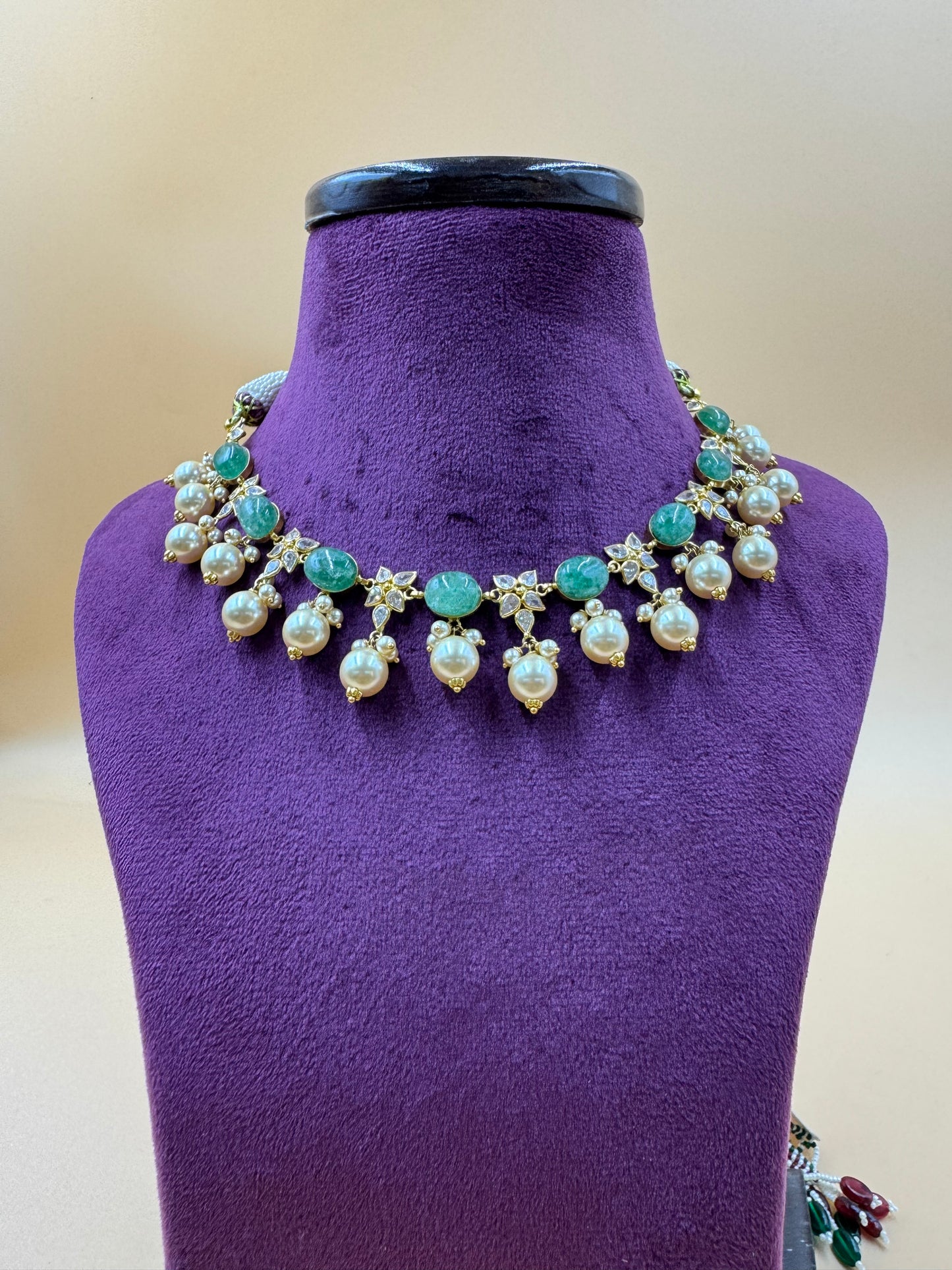 Star CZ and green beads with pearl necklace