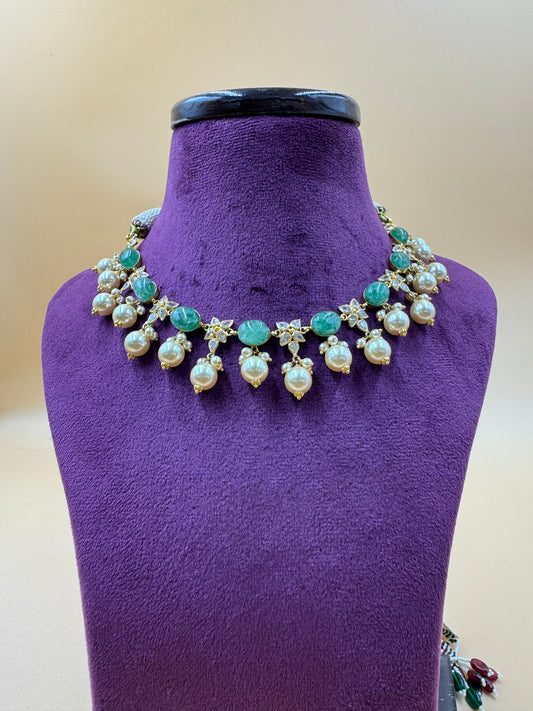 Star CZ and green beads with pearl necklace