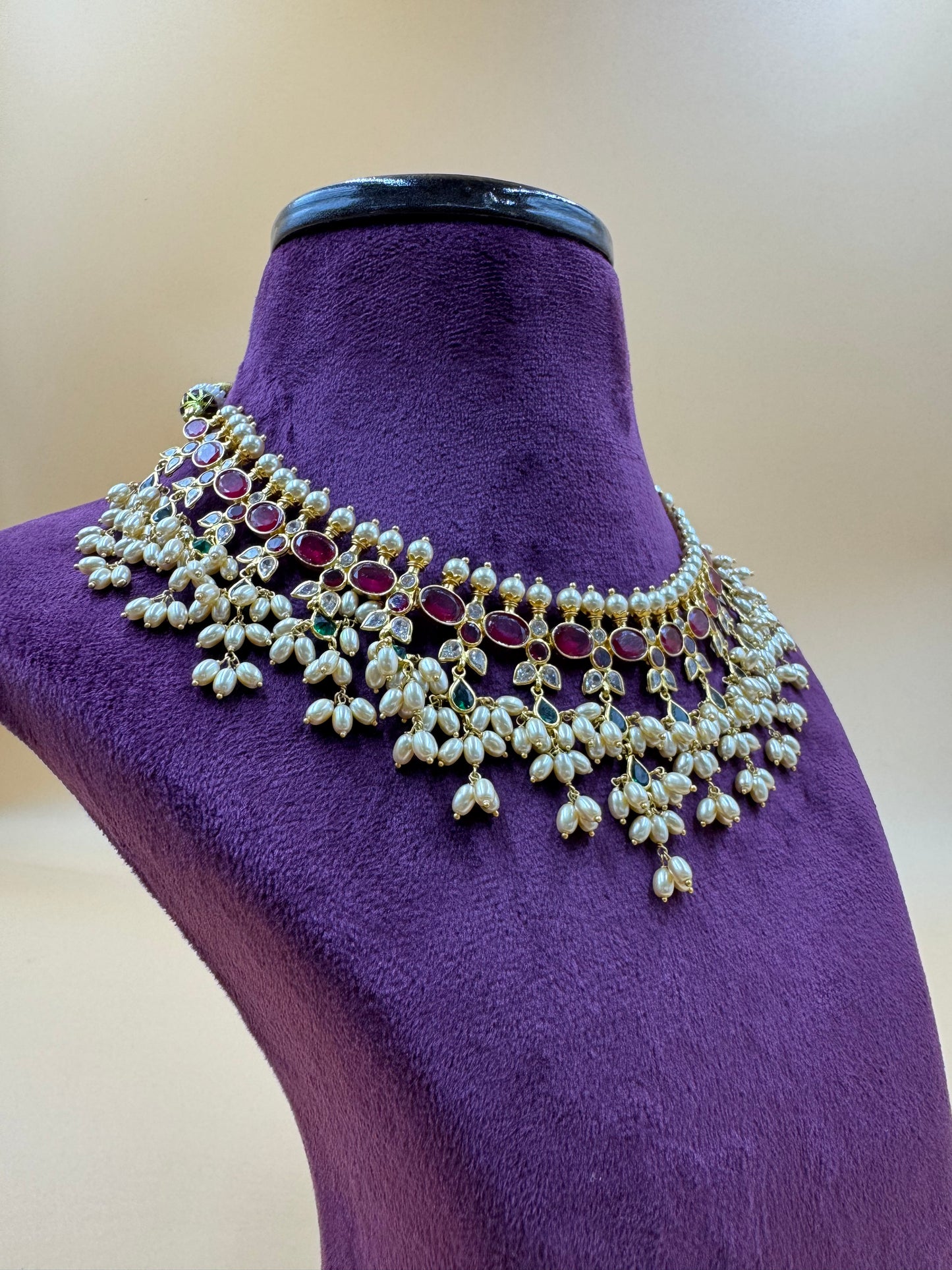 Guthi pusala ruby necklace (Rice pearls)
