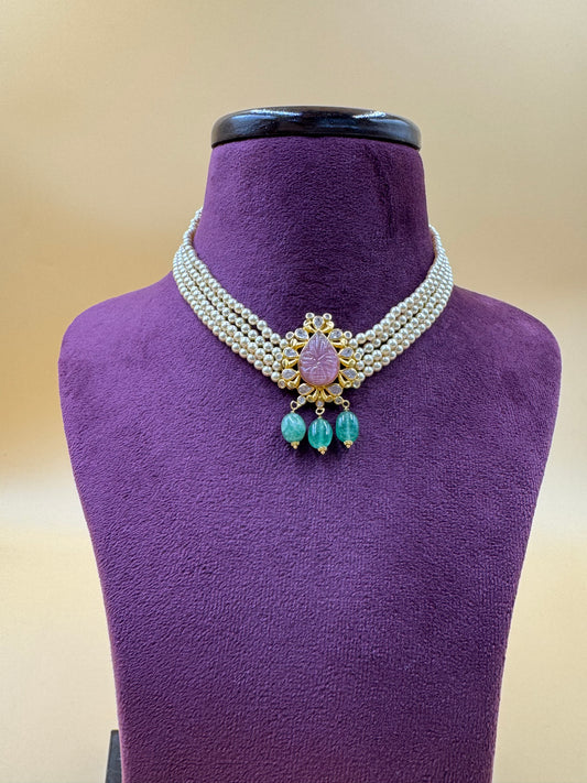 Pink and Green stone choker with pearls