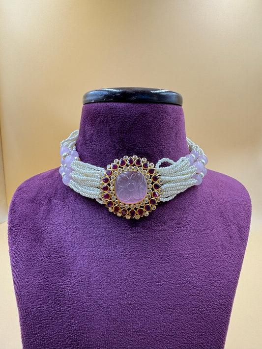 Ruby and pink stone choker with pearls